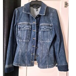 White House Black Market Denim Jacket Medium Wash Fitted Stretch Womens